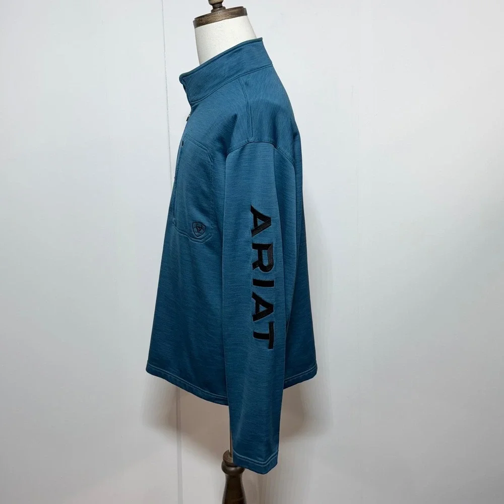 Ariat 1/4 Zip Pullover Mens XL Blue AriatTek Fleece Spellout Long Sleeve Shirt